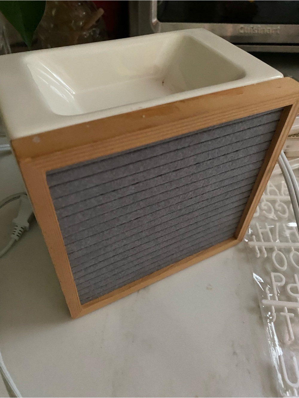 Scentsy Wood Frame Wax Warmer with Gray Felt Panel and White Ceramic Bowl